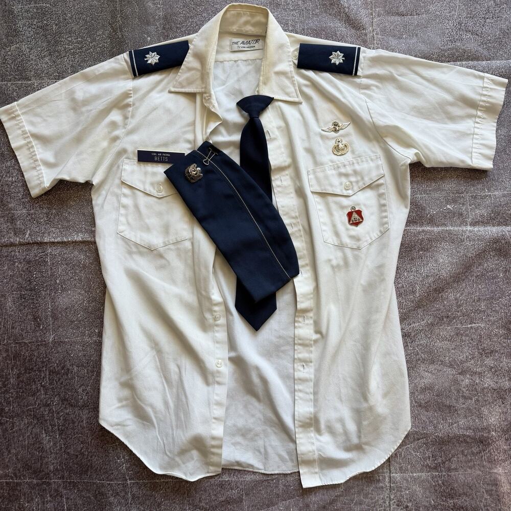 Men's Vintage 80s The Aviator White USAF Civil Pilot Uniform Polo & Hat Lot Sz M